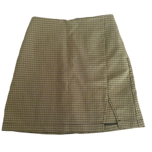Urban Outfitters Mini A Line Plaid Check Tan Blue Black Skirt Front Notch Slit - Picture 1 of 5